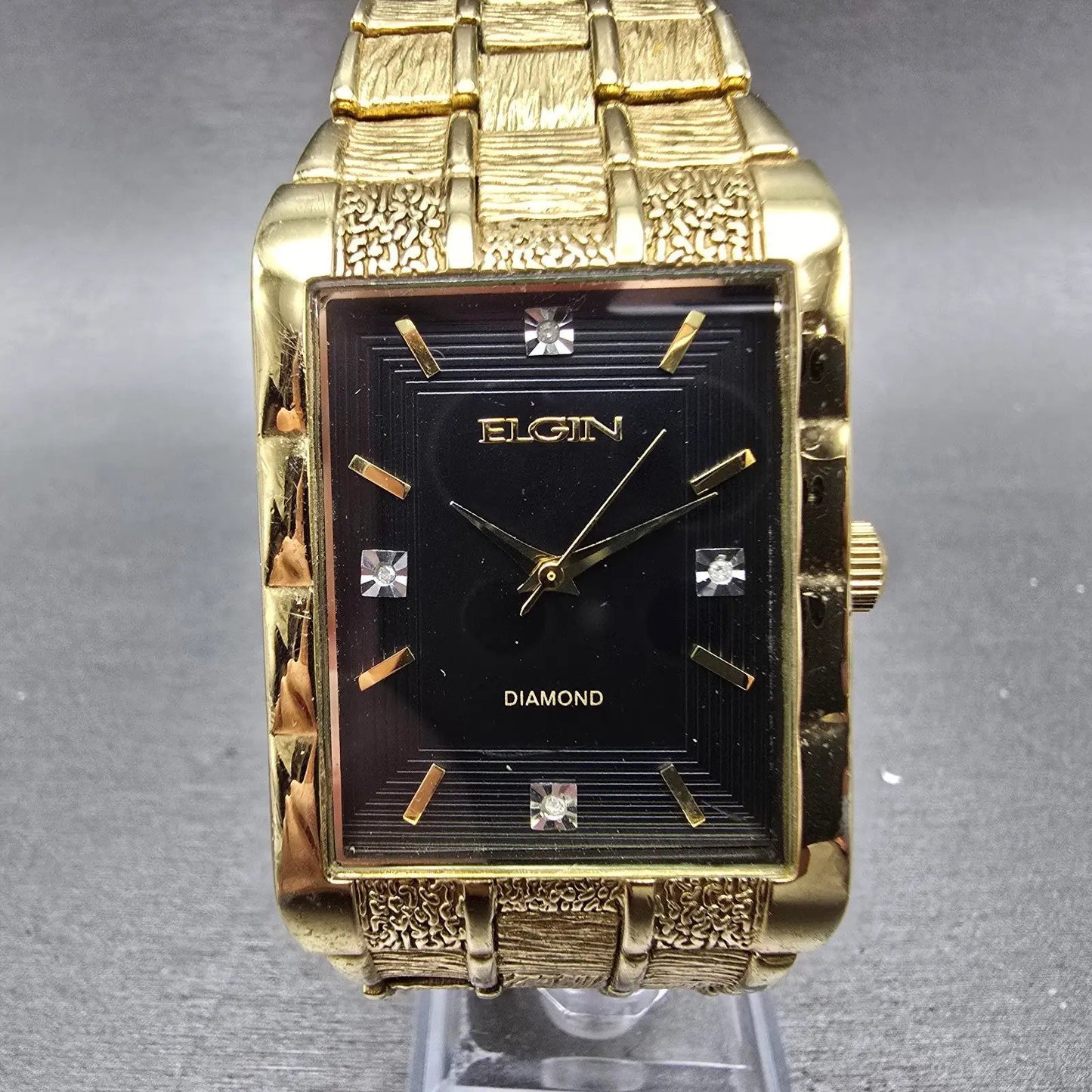 Elgin Tank Watch Men 31mm Black Dial Gold Tone Rectangle FG9031 New Battery0