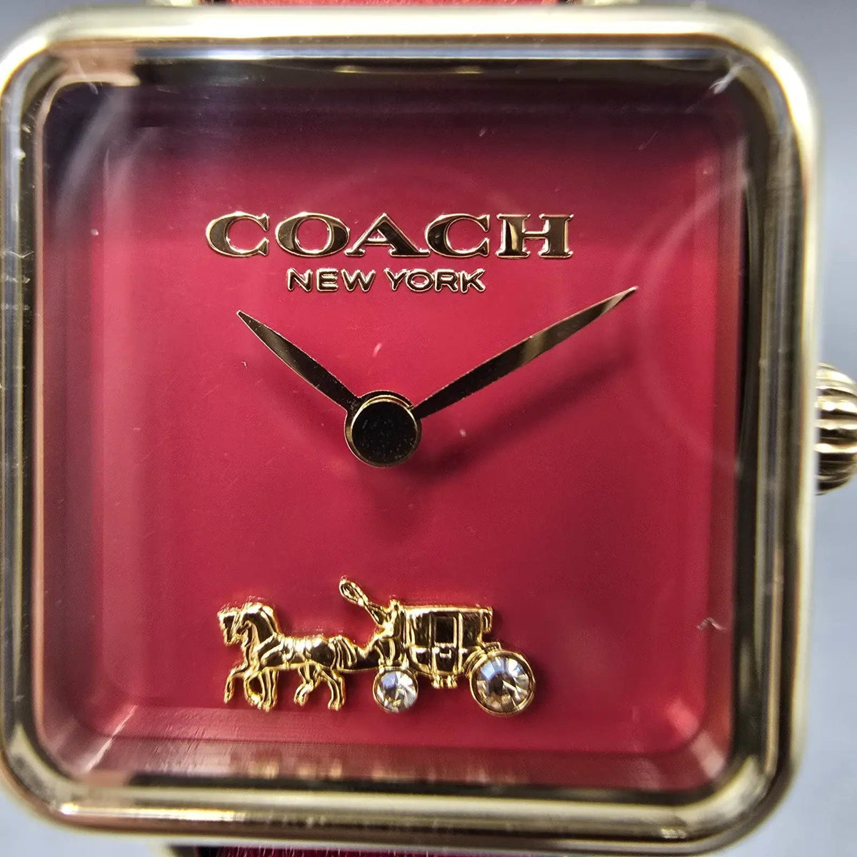 Coach Watch Women 22mm Red Dial Gold Tone Square 14504226 Leather New Battery1