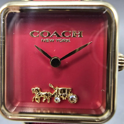 Coach Watch Women 22mm Red Dial Gold Tone Square 14504226 Leather New Battery1