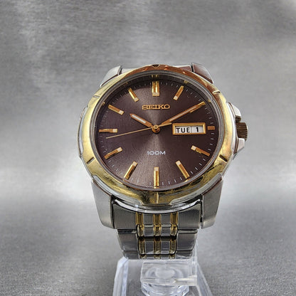 Seiko Watch Men 39mm Black Dial Two Tone Round Daydate 7n430az0 New Batttery5