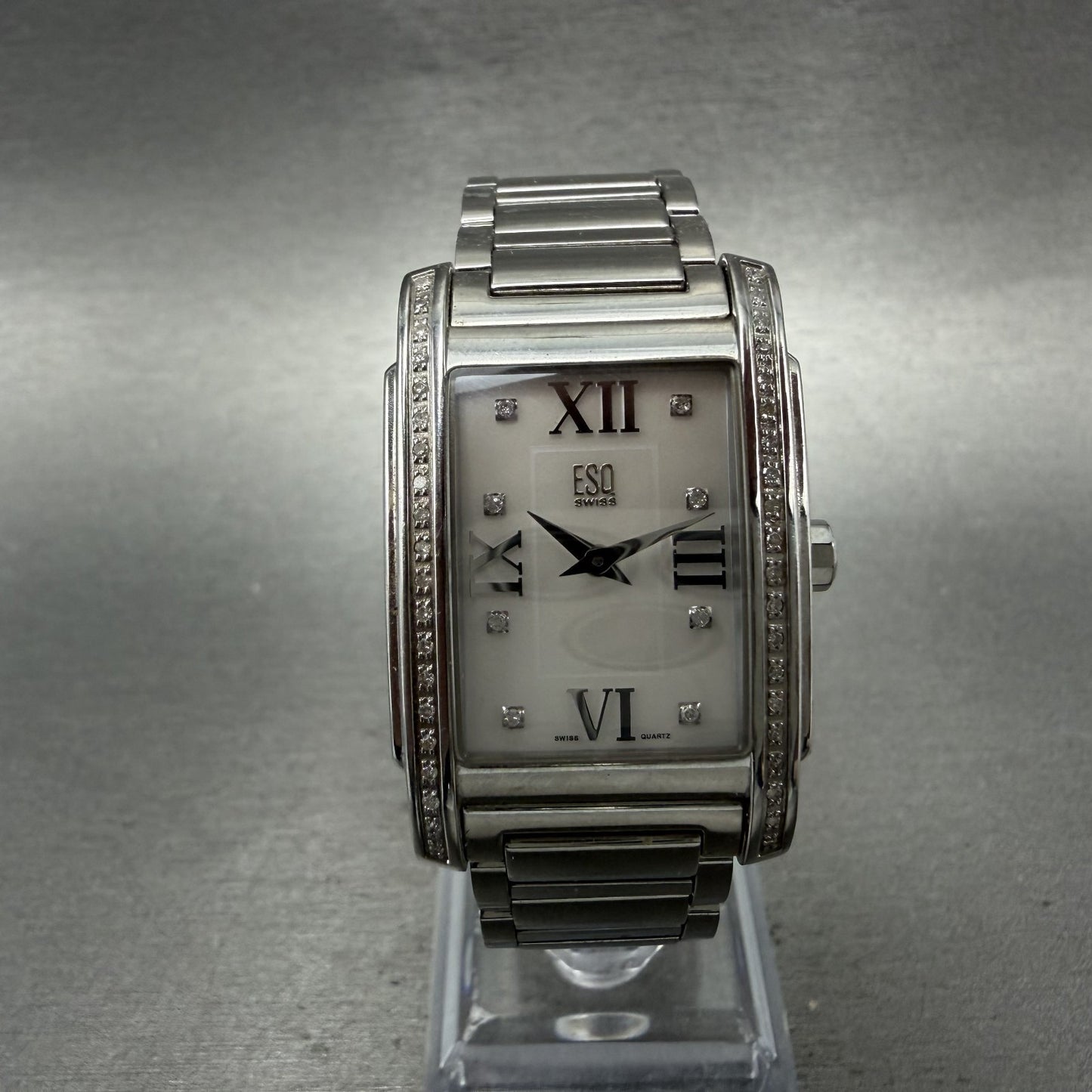 ESQ Tank Watch Women 25mm MOP Dial Silver Tone Rectangle Crystals New Battery0