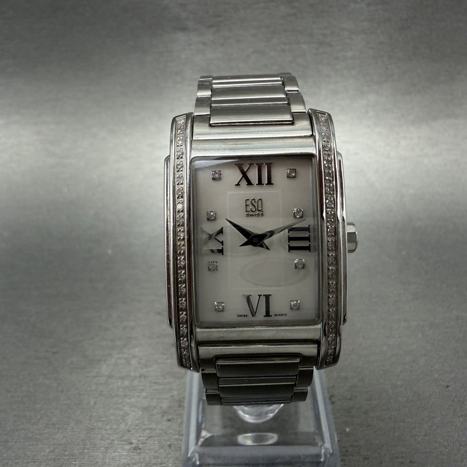 ESQ Tank Watch Women 25mm MOP Dial Silver Tone Rectangle Crystals New Battery0