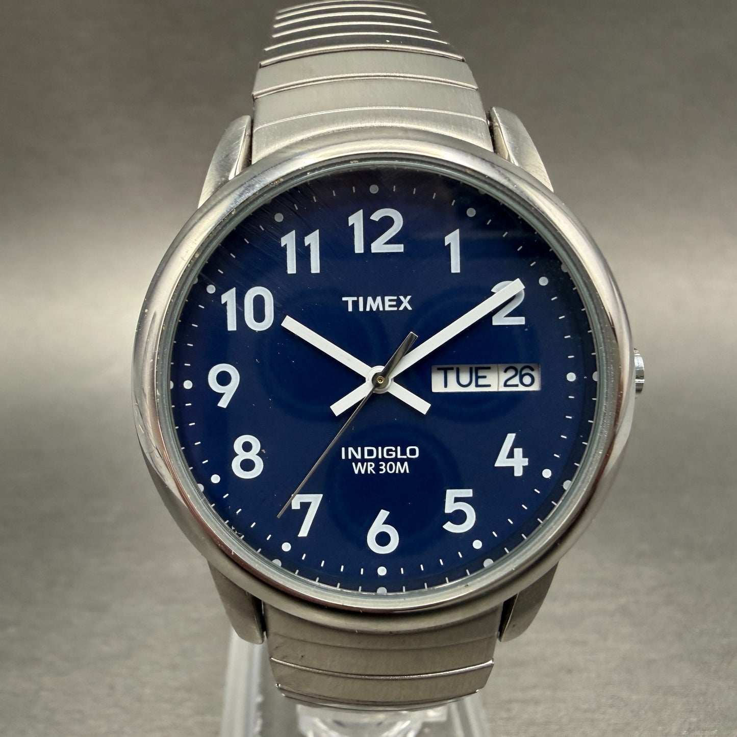 Timex Easy Reader Watch Men 35mm Blue Dial Silver Tone Round Daydate New Battery0