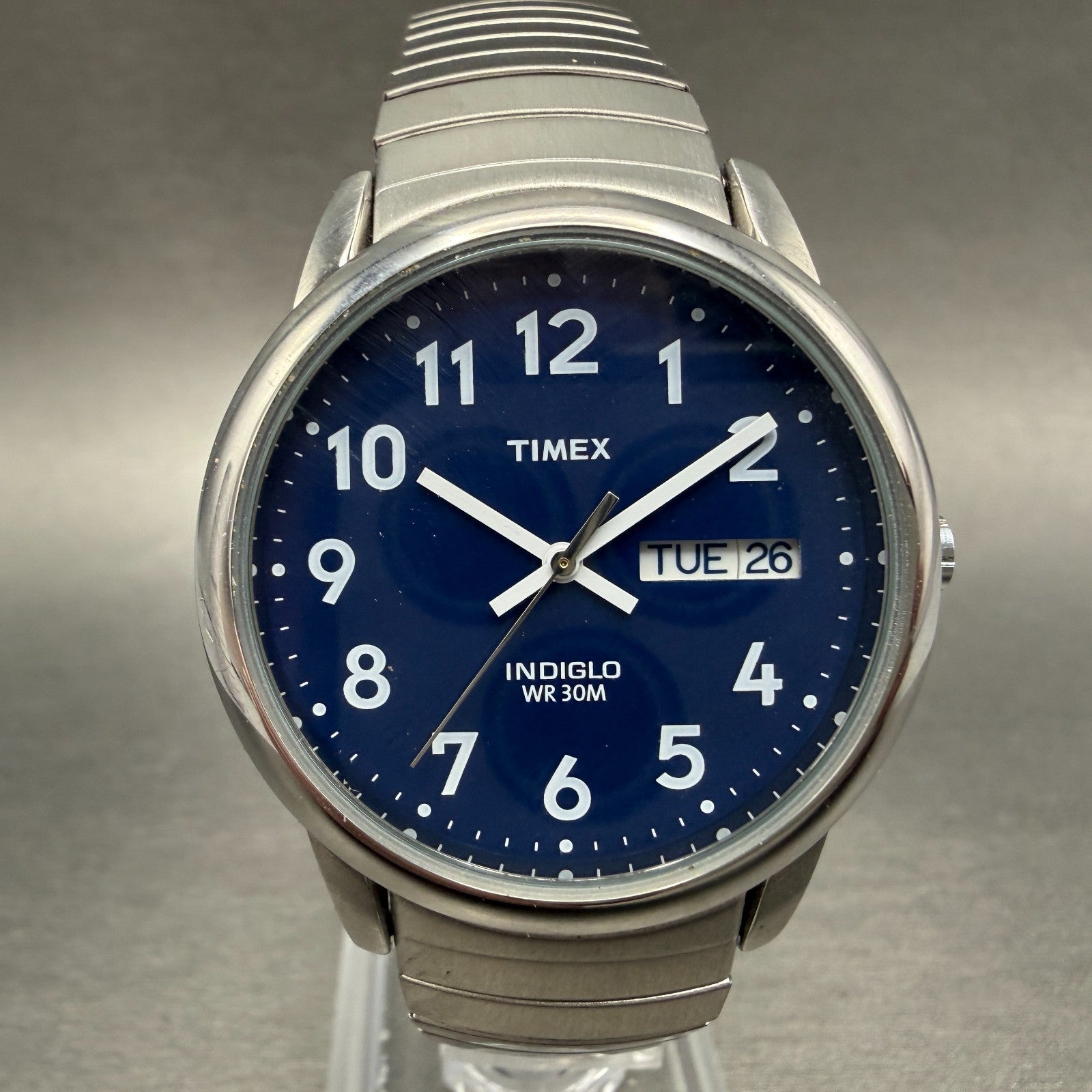 Timex Easy Reader Watch Men 35mm Blue Dial Silver Tone Round Daydate New Battery0