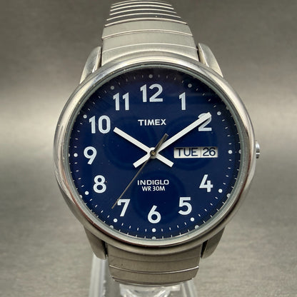 Timex Easy Reader Watch Men 35mm Blue Dial Silver Tone Round Daydate New Battery0
