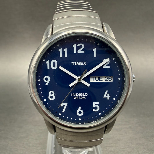 Timex Easy Reader Watch Men 35mm Blue Dial Silver Tone Round Daydate New Battery0
