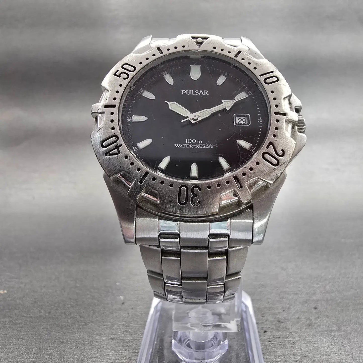 Pulsar Dive Watch Men 40mm Black Dial Silver Tone Date Round V732-X133 New Batt5