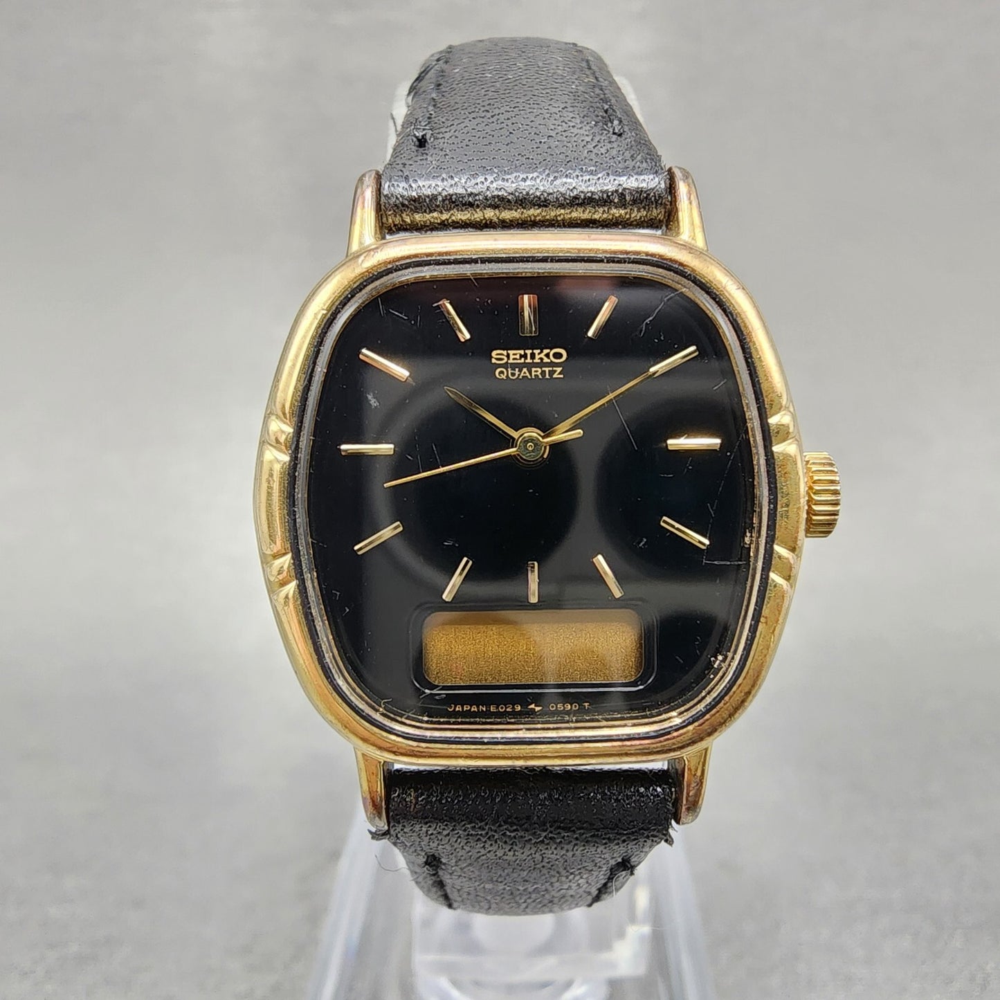 Seiko Analog Digital Watch Women 24mm Black Dial Gold Tone E0295410 PARTS0