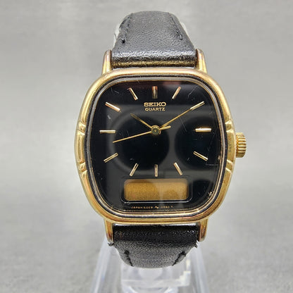 Seiko Analog Digital Watch Women 24mm Black Dial Gold Tone E0295410 PARTS0