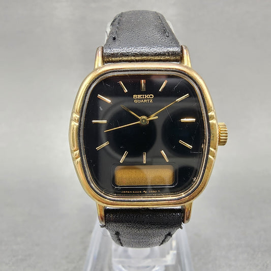 Seiko Analog Digital Watch Women 24mm Black Dial Gold Tone E0295410 PARTS0