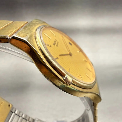 Seiko Watch Men 33mm Gold Dial Gold Tone Date Round 7439-7010 New Battery VTG3