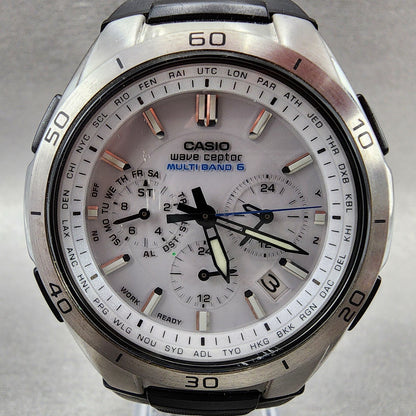 Casio Wave Ceptor Solar Watch Men 43mm White Dial Silver Tone Chronograph Runs1