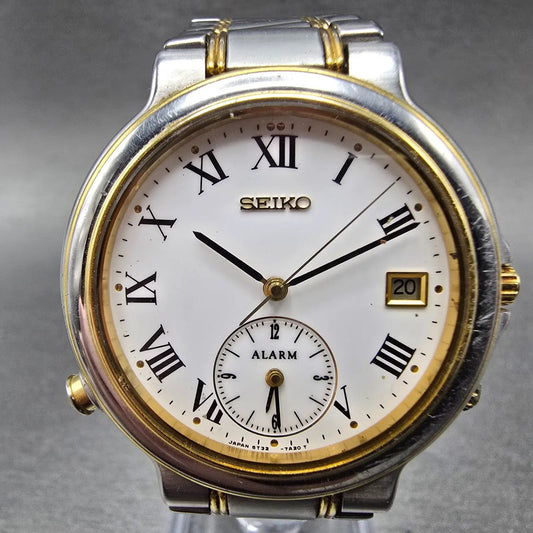 Seiko Alarm Watch Men 36mm White Dial Two Tone Date Round 5T32-7A10 New Battery0