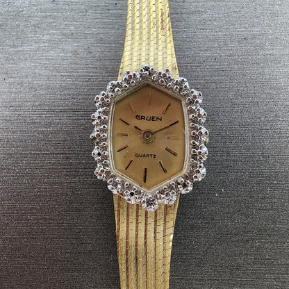 Gruen Watch Women 14mm Gold Dial Gold Tone Hexagon Diamond Bezel READ!! New Batt1