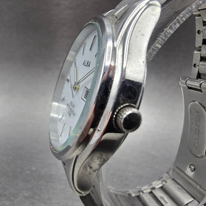 Seiko Alba Solar Watch Men 36mm White Dial Silver Daydate V158-0AX0 Runs JDM2