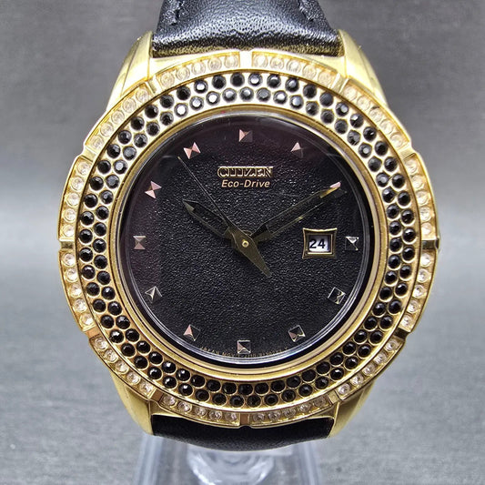 Citizen Eco-Drive Watch Women 35mm Black Dial Gold Tone Date J710-S091004 Works0