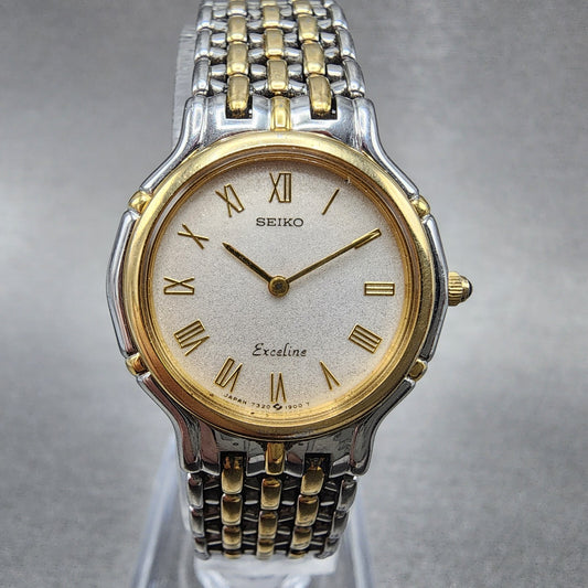 Seiko Exceline Watch Women 24mm Silver Dial Two Tone Round 7320-0410 New Battery