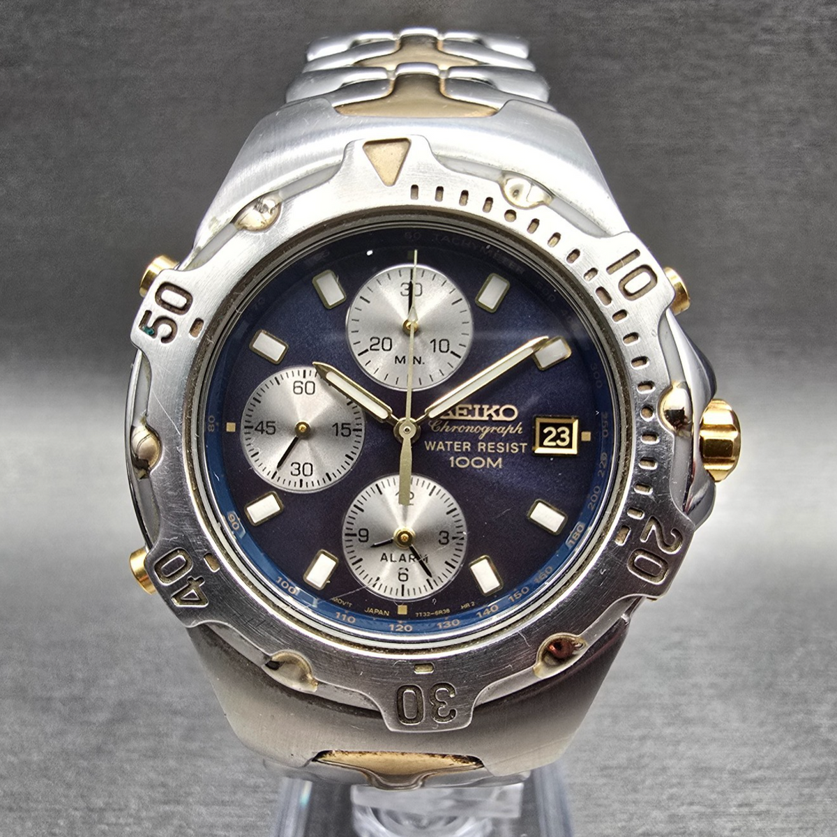 Seiko Chronograph Watch Men 39mm Blue Dial Two Tone Date 7T32-6M49 New Battery0