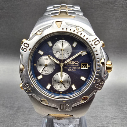 Seiko Chronograph Watch Men 39mm Blue Dial Two Tone Date 7T32-6M49 New Battery0