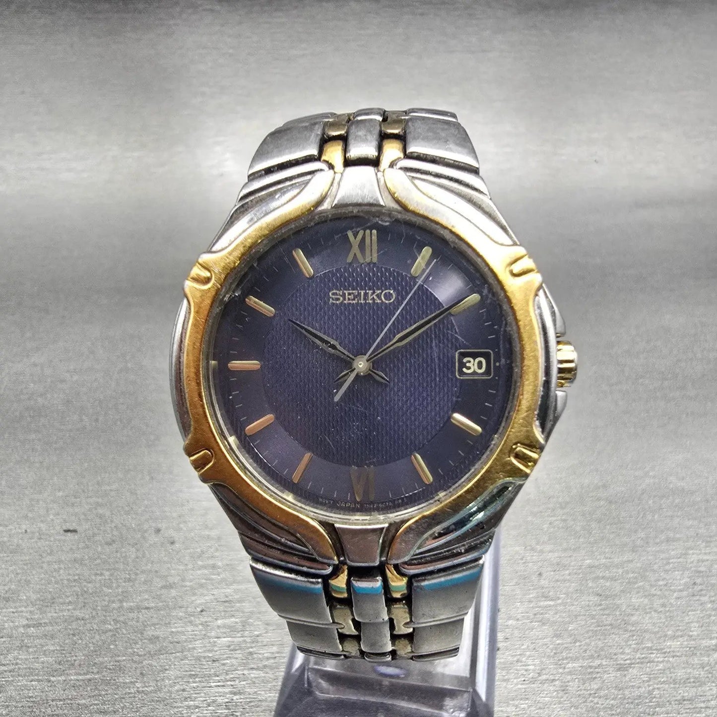 Seiko Watch Men 36mm Blue Dial Two Tone Date Round 7N42-6C10 New Battery Vintage0