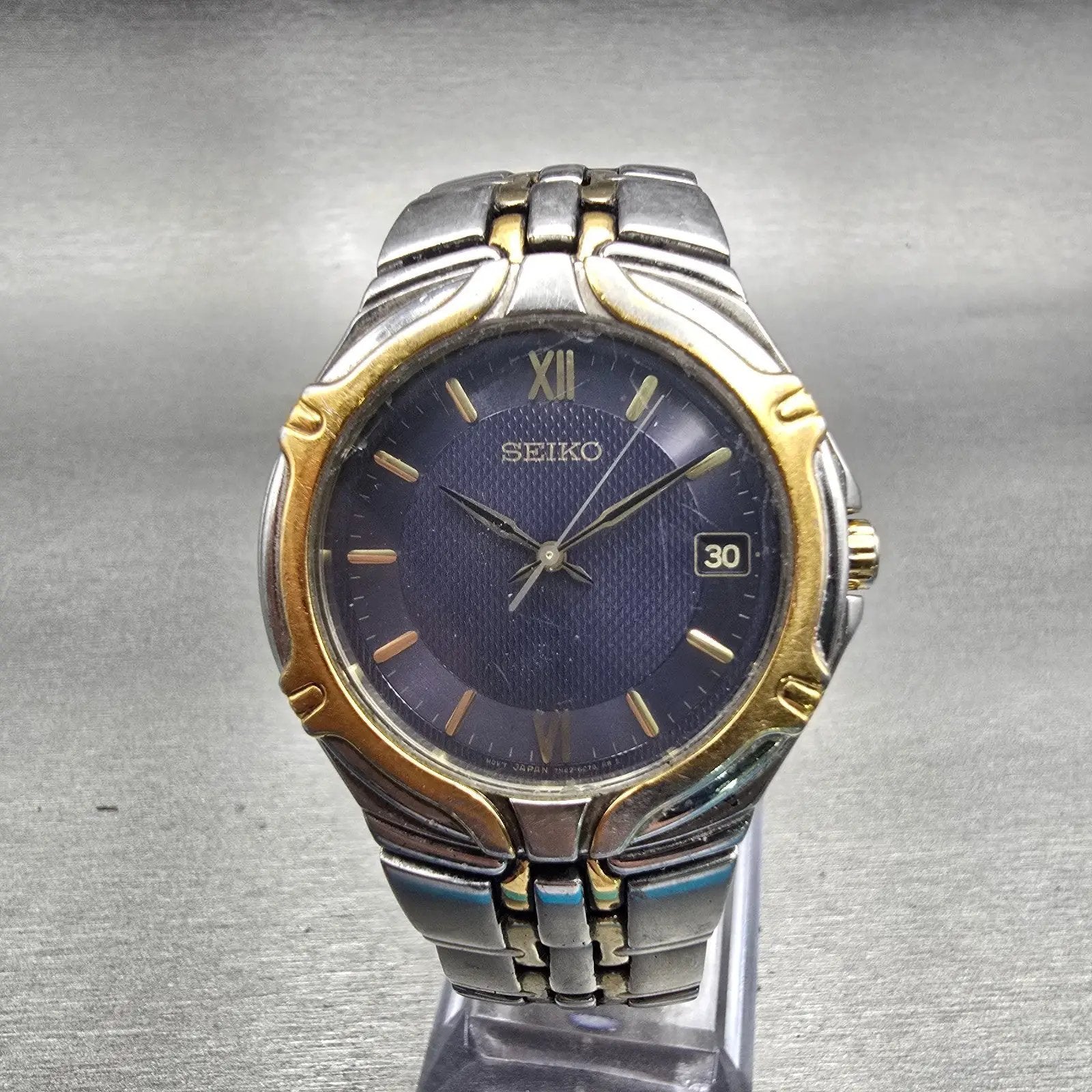 Seiko Watch Men 36mm Blue Dial Two Tone Date Round 7N42-6C10 New Battery Vintage0