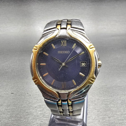 Seiko Watch Men 36mm Blue Dial Two Tone Date Round 7N42-6C10 New Battery Vintage0