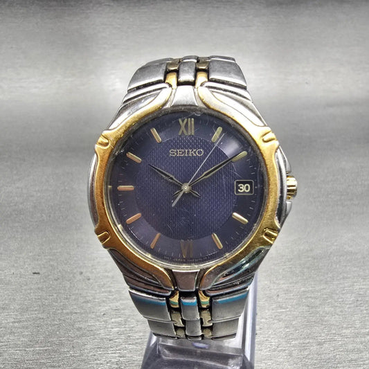 Seiko Watch Men 36mm Blue Dial Two Tone Date Round 7N42-6C10 New Battery Vintage0