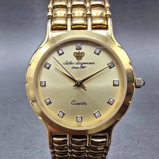 Jules Jurgenson Watch Unisex 30mm Gold Dial Gold Tone Round 6699 New Battery0