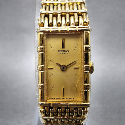 Seiko Tank Watch Women 12mm Champagne Dial Gold Tone 2e206109 New Battery1