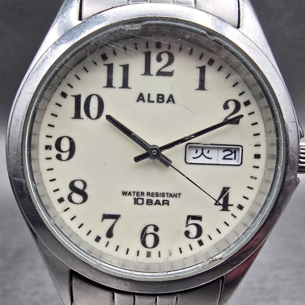 Seiko Alba Watch Men 36mm Luminous Dial Silver Tone Daydate 7N33-K002 New Batt L1