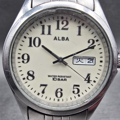Seiko Alba Watch Men 36mm Luminous Dial Silver Tone Daydate 7N33-K002 New Batt L1