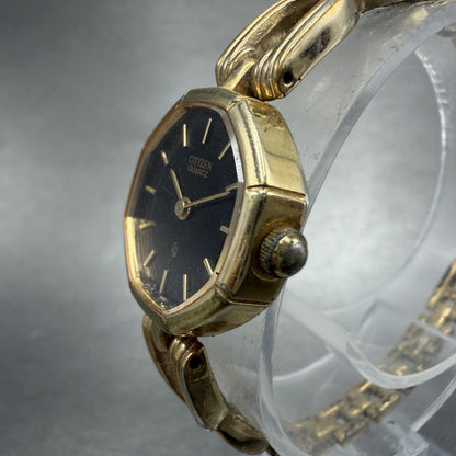 Citizen CQ Watch Women 20mm Black Dial Gold Tone Octagon 4-102444 New Battery2