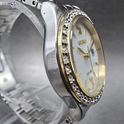 Seiko Solar Watch Women 28mm MOP Dial Two Tone Date Gemmed V137-0AA0 Works JP 873