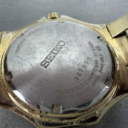 Seiko Watch Men 38mm Silver Dial Gold Tone Date Round 7N420BL0 New Battery9