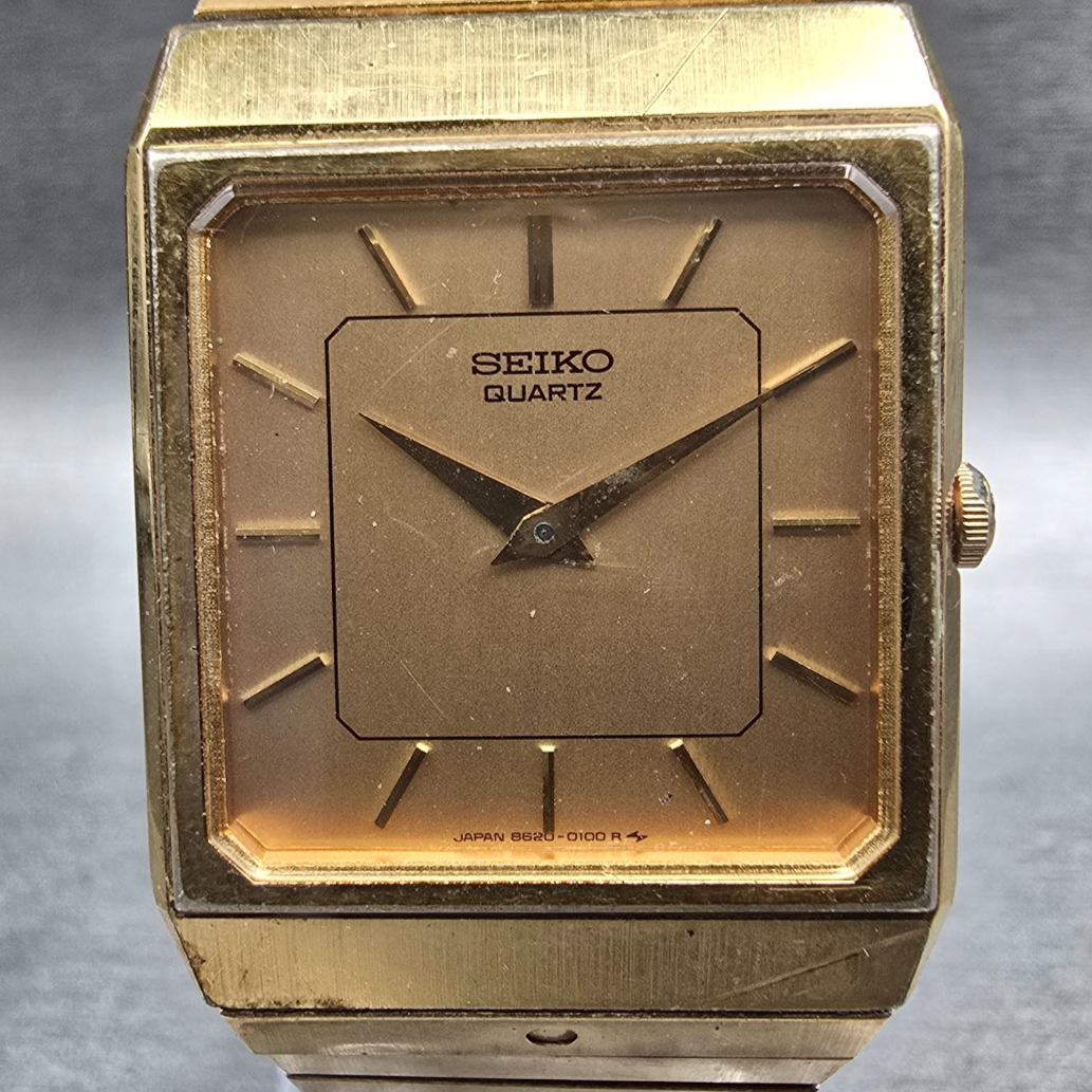 Seiko Tan Watch Men 27mm Gold Dial Gold Tone Rectangle 8620-5049 New Battery VTG1