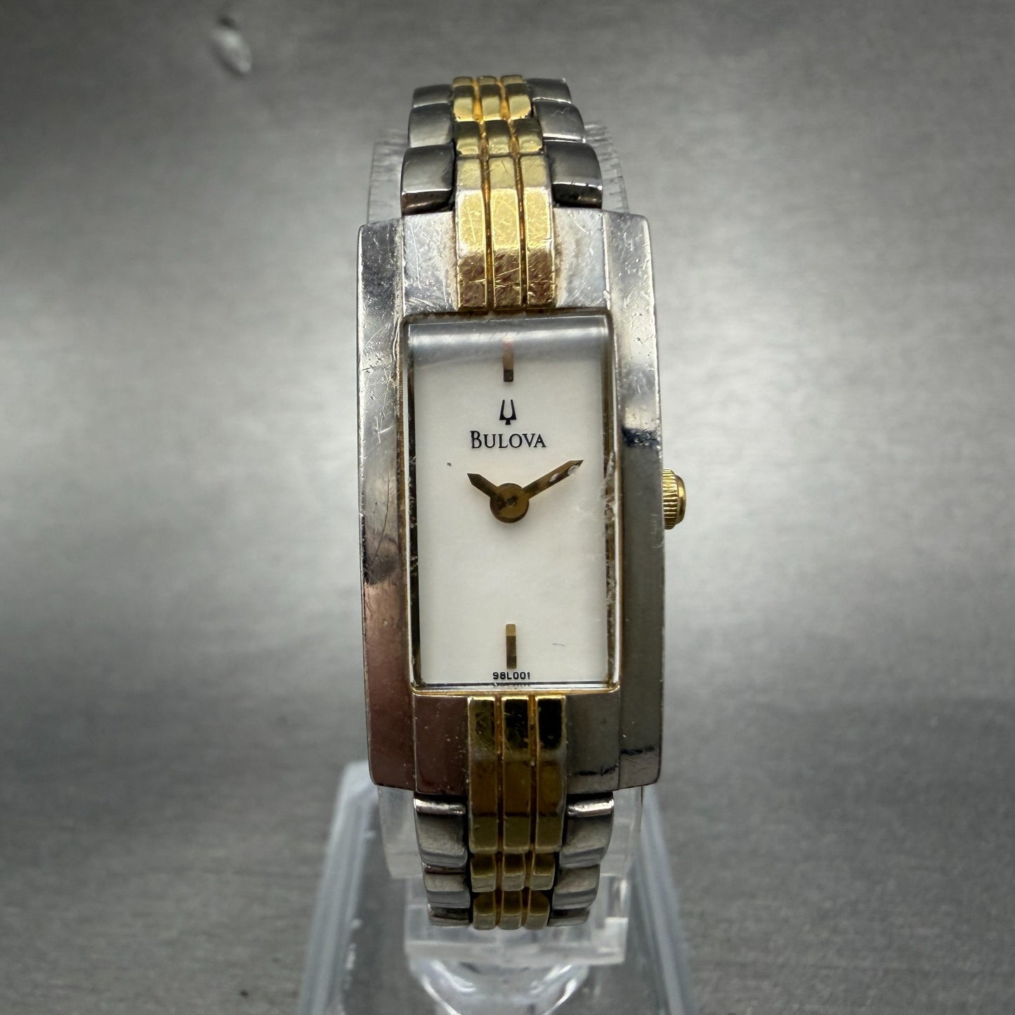 Bulova Watch Women 15mm MOP Dial Two Tone Rectangle 98L001 New Battery0