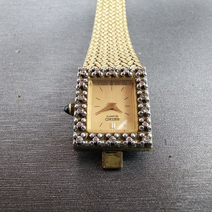 Seiko Tank Watch Women 15mm Gold Dial Gold Tone Rectangle 1F205A89 New Batt4