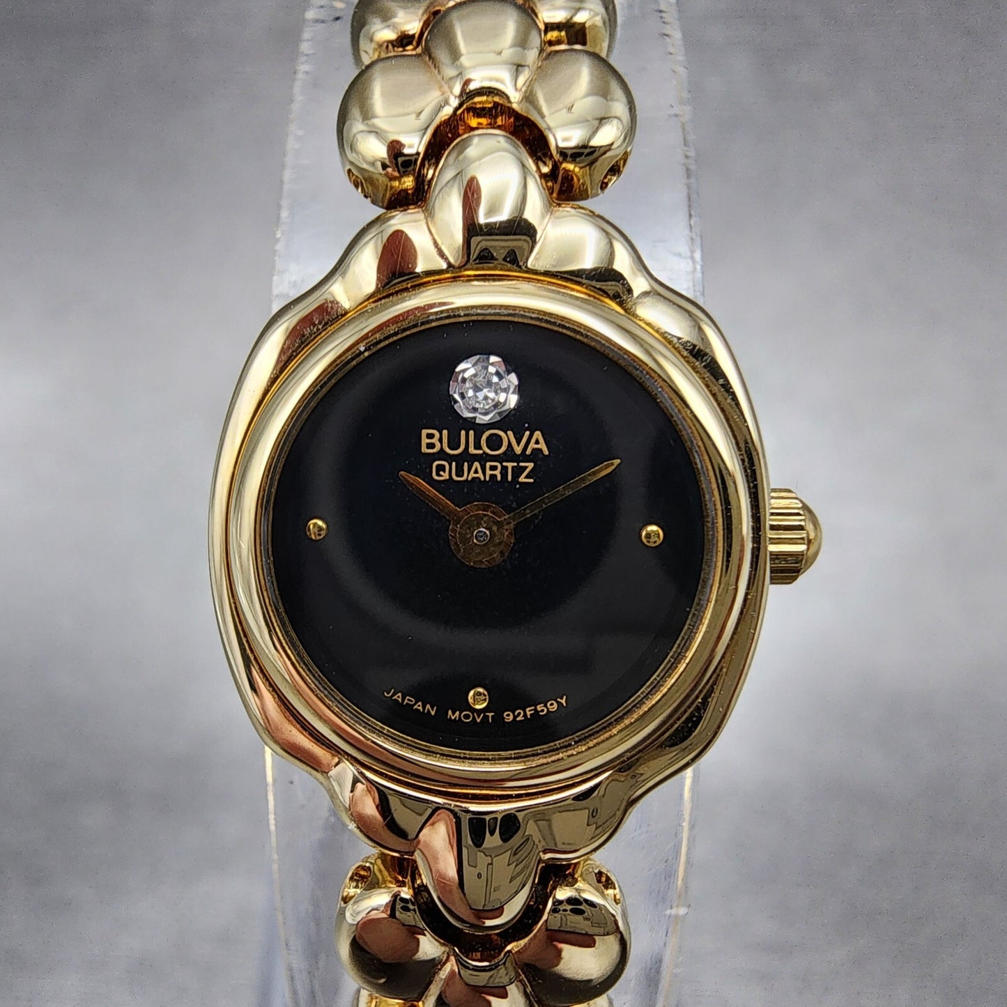 Bulova Watch Women 17mm Black Dial Gold Tone Round 92F59 New Batt NOS3