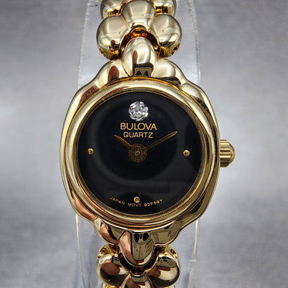 Bulova Watch Women 17mm Black Dial Gold Tone Round 92F59 New Batt NOS3
