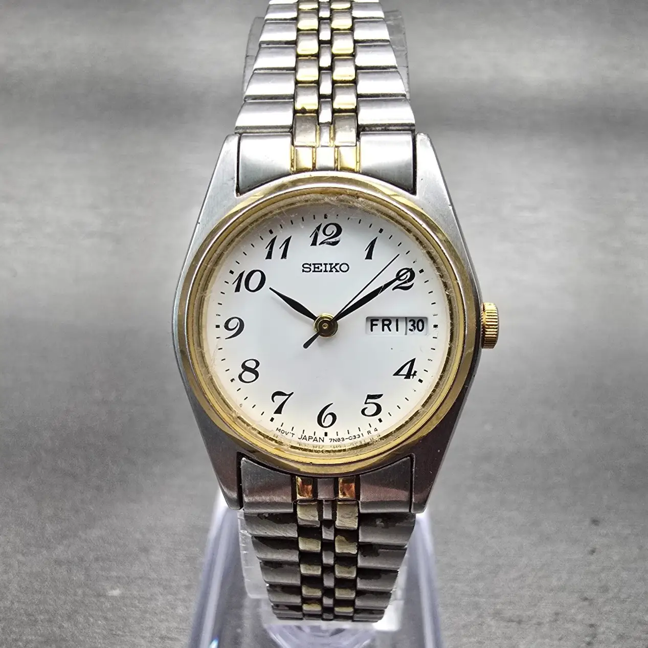 Seiko Watch Women 24mm White Dial Two Tone Daydate Round 7N83-0011 New Battery F0