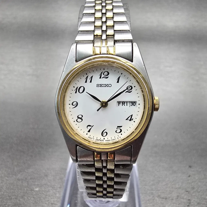 Seiko Watch Women 24mm White Dial Two Tone Daydate Round 7N83-0011 New Battery F0