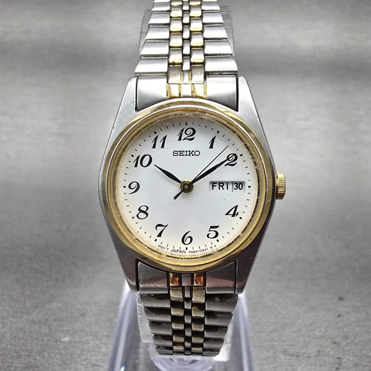 Seiko Watch Women 24mm White Dial Two Tone Daydate Round 7N83-0011 New Battery F0
