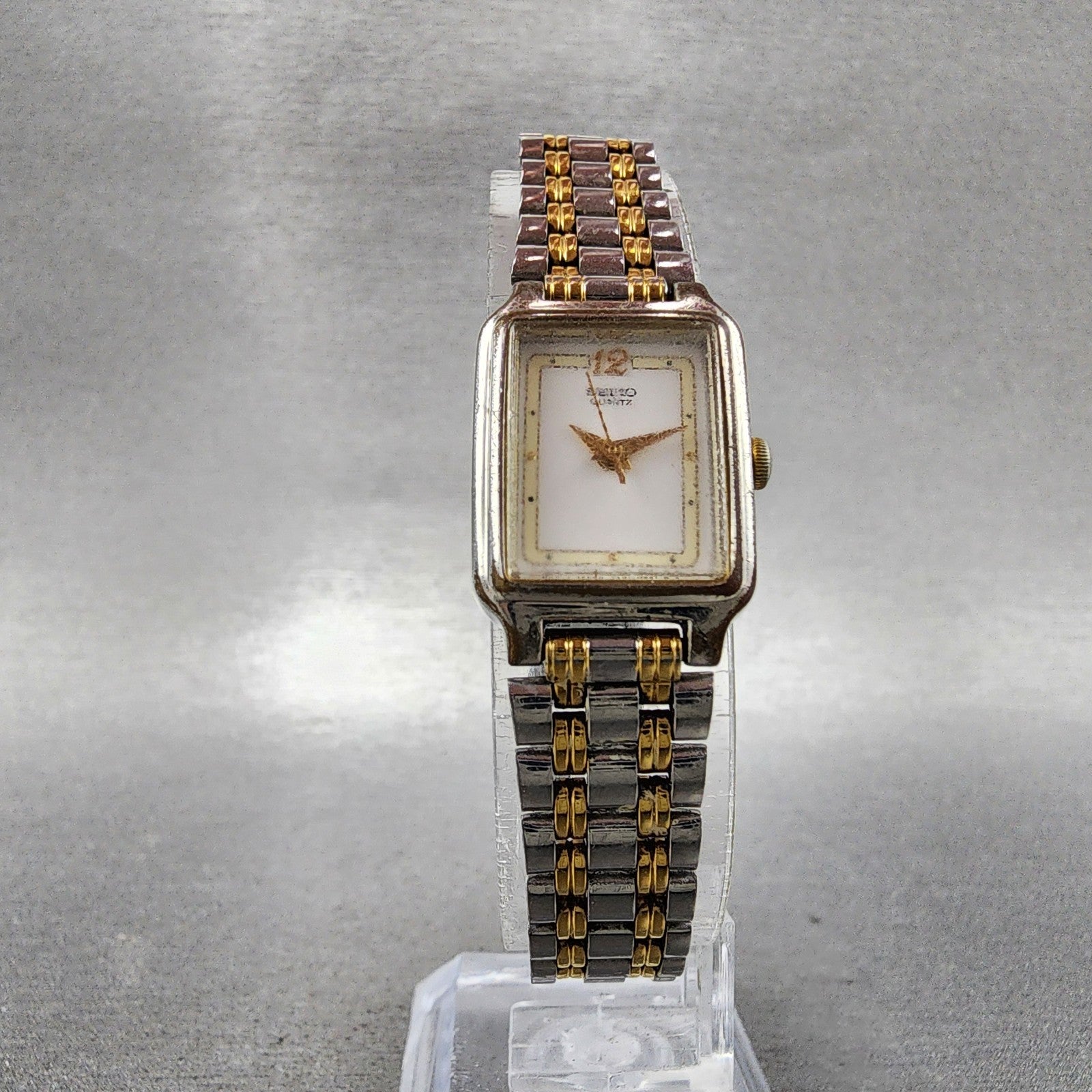 Seiko Tank Watch Women 18mm White Dial Two Tone Rectangle V4015129 New Battery5