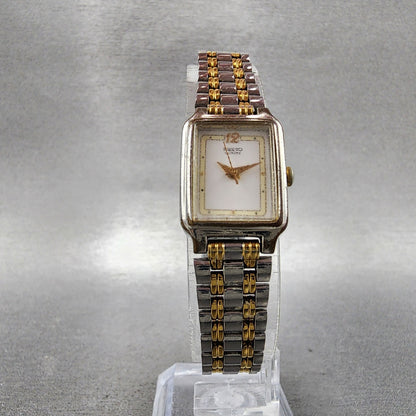Seiko Tank Watch Women 18mm White Dial Two Tone Rectangle V4015129 New Battery5