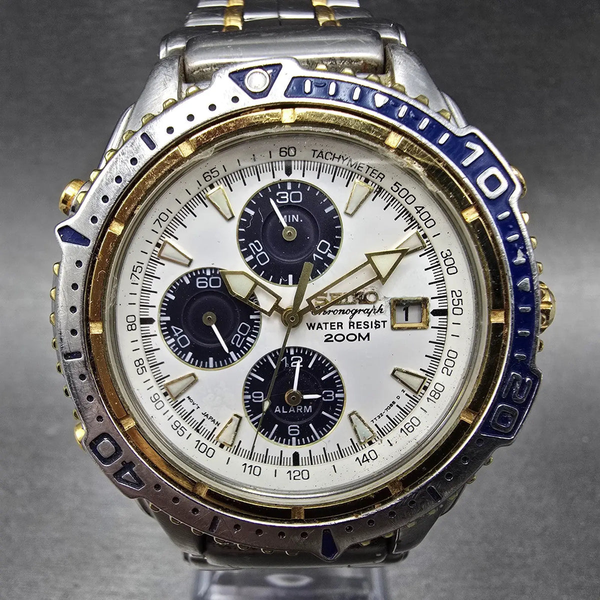 Seiko Chronograph Watch Men 41mm White Dial Two Tone Date READ!! 7T32-7E49 Diver0