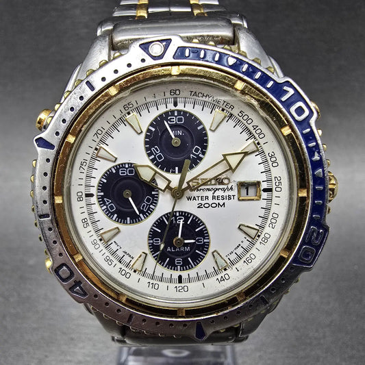 Seiko Chronograph Watch Men 41mm White Dial Two Tone Date READ!! 7T32-7E49 Diver0