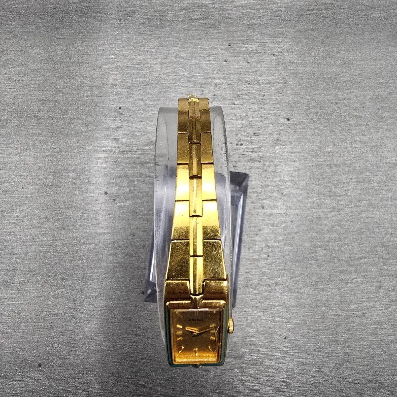 Seiko Watch Women 13mm Gold Dial Gold Tone Rectangle 2E20-7479 New Battery VTG4