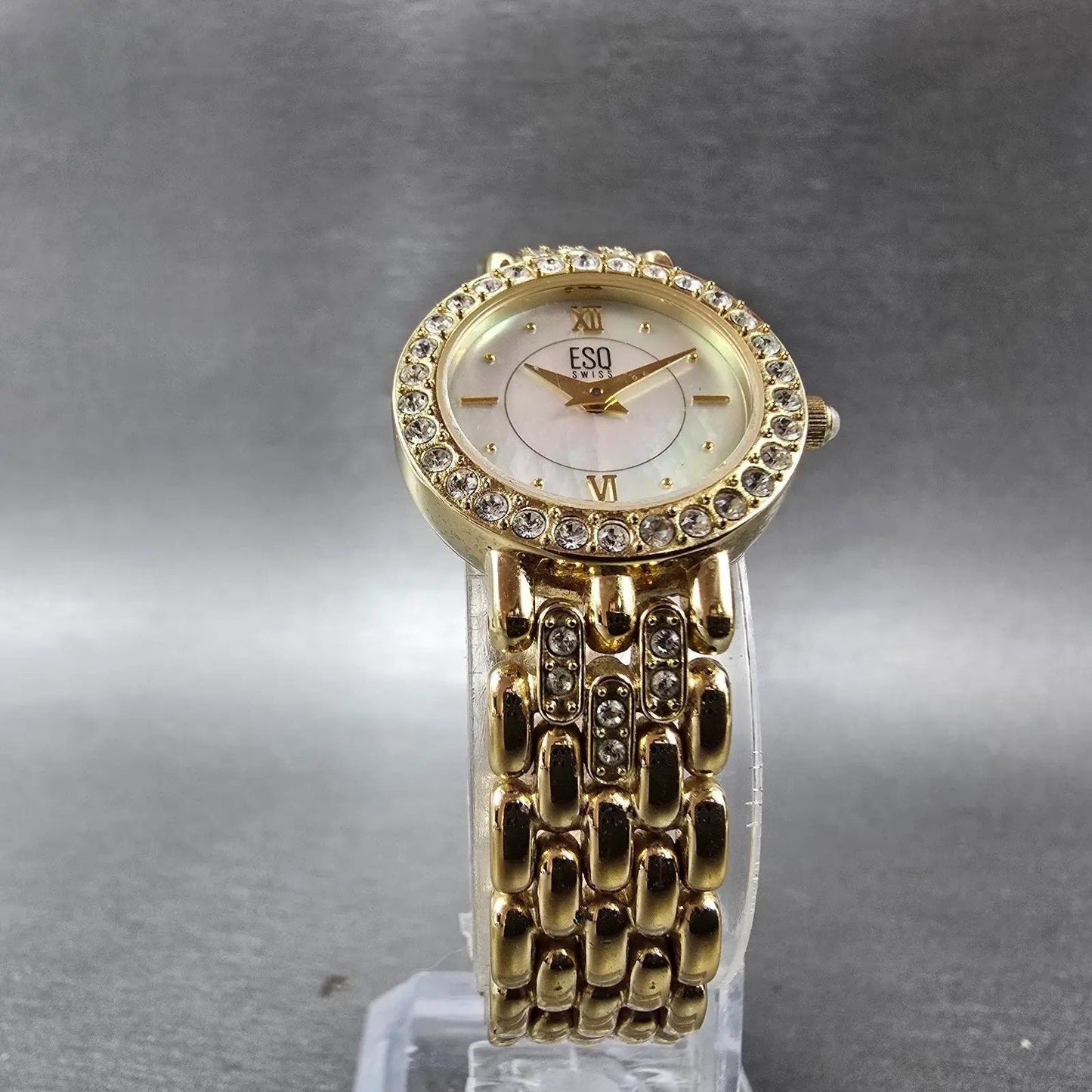 ESQ Watch Women 22mm MOP Dial Gold Tone Round Gem Accents E5160 New Battery5