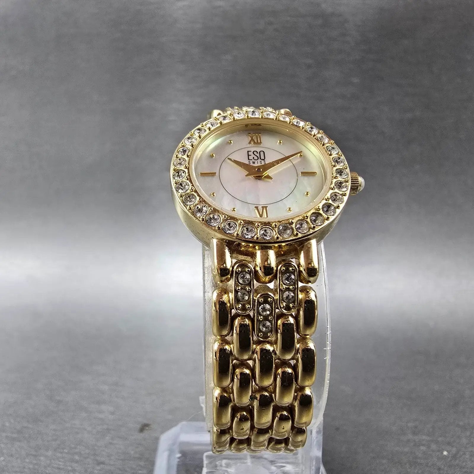 ESQ Watch Women 22mm MOP Dial Gold Tone Round Gem Accents E5160 New Battery5