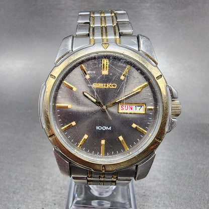 Seiko Watch Men 39mm Black Dial Two Tone Round Daydate 7n430az0 New Batttery0